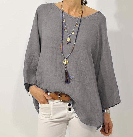 In stock 2023 cross-border European and American foreign trade women's clothing top, solid color cotton linen round neck raglan sleeve three-quarter sleeve women's shirt - Image 6
