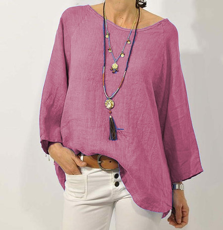 In stock 2023 cross-border European and American foreign trade women's clothing top, solid color cotton linen round neck raglan sleeve three-quarter sleeve women's shirt - Image 9