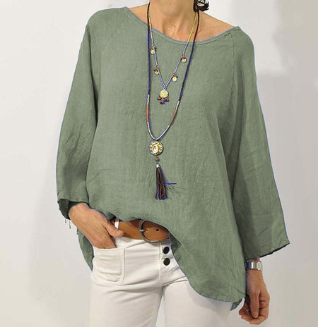 In stock 2023 cross-border European and American foreign trade women's clothing top, solid color cotton linen round neck raglan sleeve three-quarter sleeve women's shirt - Image 8