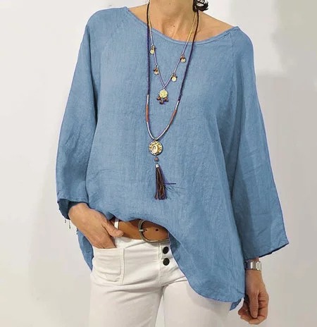 In stock 2023 cross-border European and American foreign trade women's clothing top, solid color cotton linen round neck raglan sleeve three-quarter sleeve women's shirt - Image 7