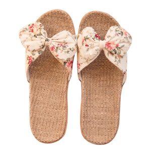 Slippers women's summer linen indoor home anti-slip cute home bow lady's sandals and slippers men's summer home