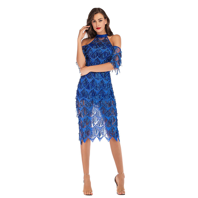 AliExpress Wish cross-border supply women's clothing sexy slim sequined tassel dress - Image 5