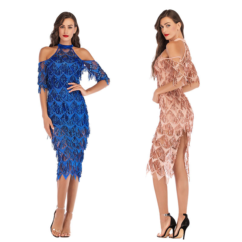 AliExpress Wish cross-border supply women's clothing sexy slim sequined tassel dress - Image 2