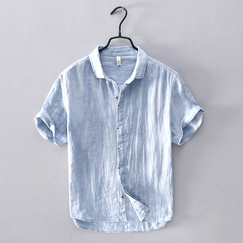 Factory direct supply new men's summer linen casual men's short-sleeved shirt youth loose men's art shirt - Image 5