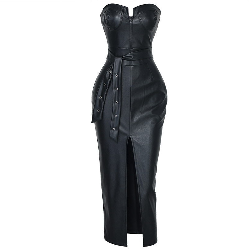 New European and American style strapless sexy tight-fitting PU solid color studded dress HDZ0017/LZH3636 - Image 5