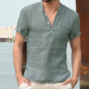Special promotion cross-border ebay hot style men's anti-cotton linen shirt AliExpress wish casual linen solid color shirt