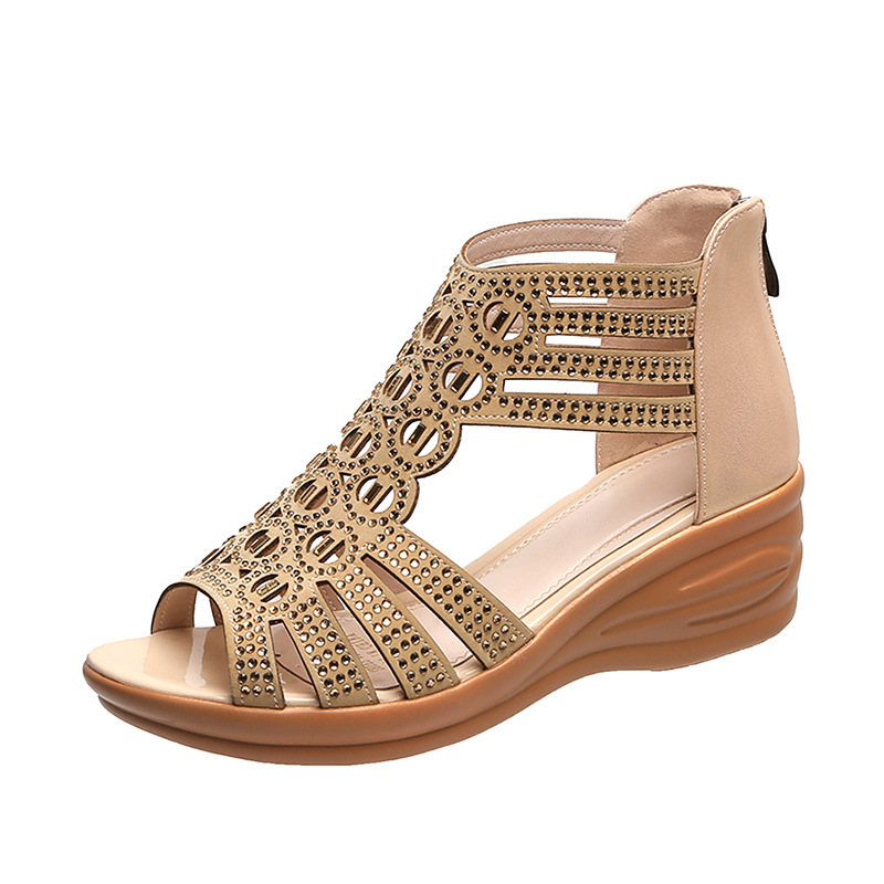 2022 spring and summer new simple retro women's shoes European and American large size sandals rhinestone wedge hollow fish mouth sandals women - Image 2