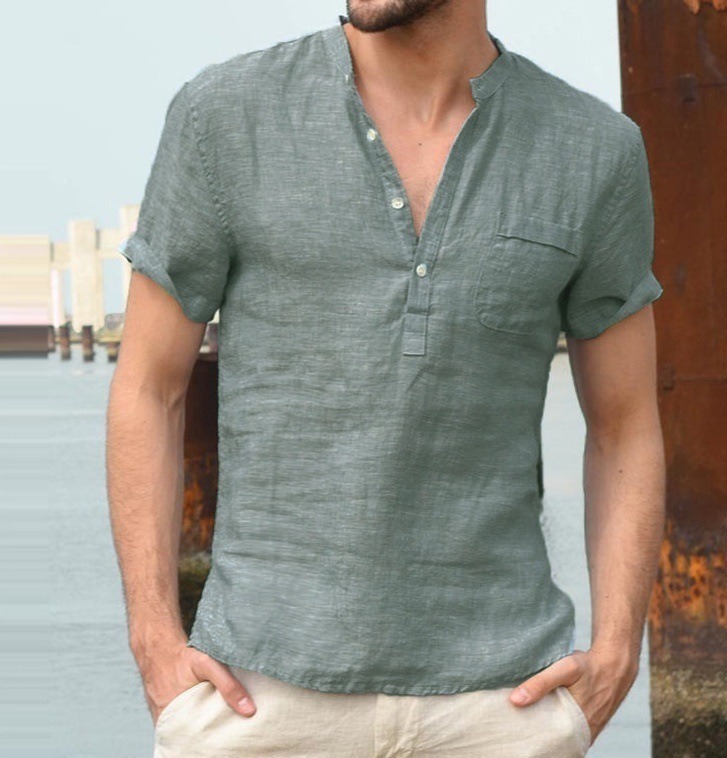 Special promotion cross-border ebay hot style men's anti-cotton linen shirt AliExpress wish casual linen solid color shirt - Image 6