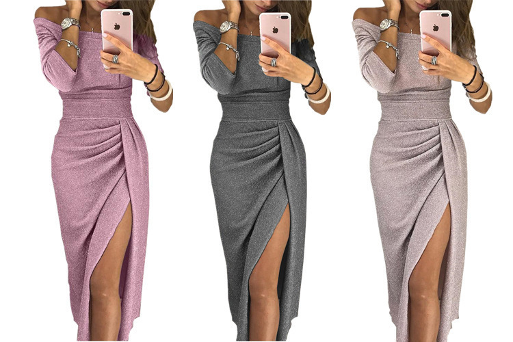 European and American Amazon eBay women's hip-wrapped slit one-shoulder dress sparkling dress evening dress - Image 2