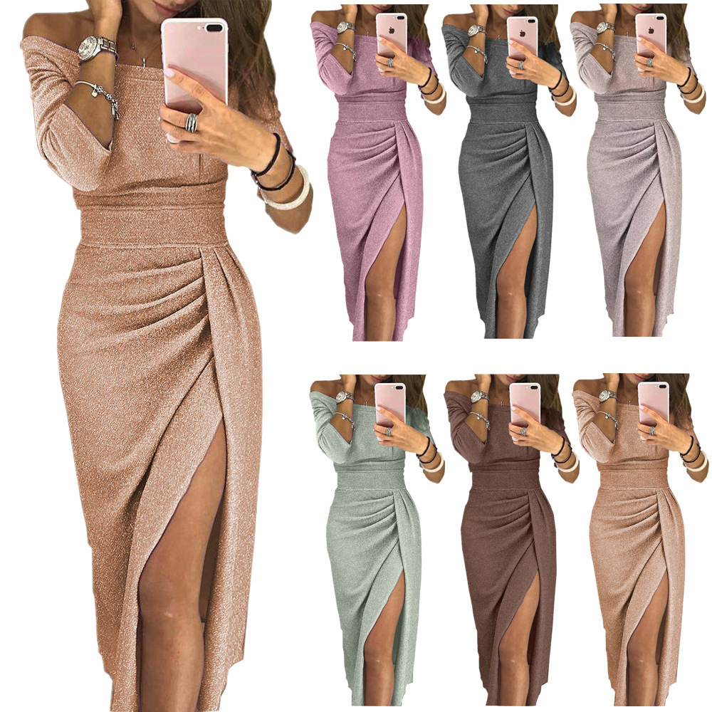 European and American Amazon eBay women's hip-wrapped slit one-shoulder dress sparkling dress evening dress
