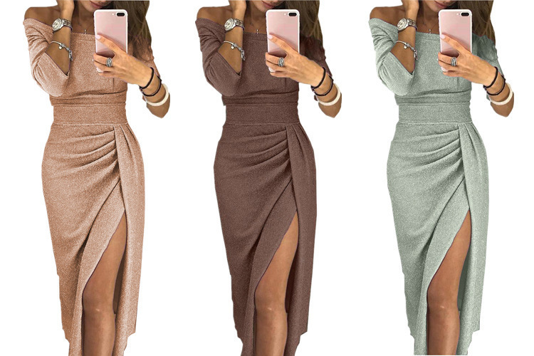 European and American Amazon eBay women's hip-wrapped slit one-shoulder dress sparkling dress evening dress - Image 3