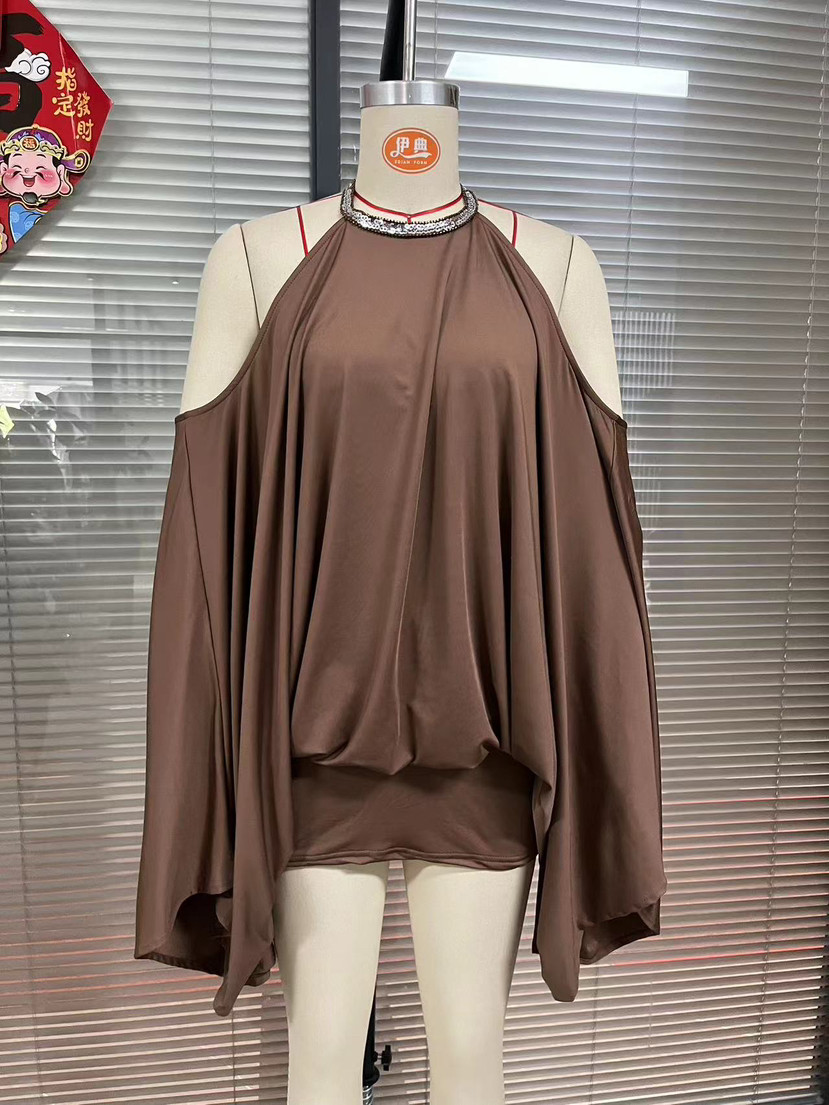 New European and American style sexy off-shoulder and hip-revealing loose batwing sleeve dress with halter neck design - Image 8
