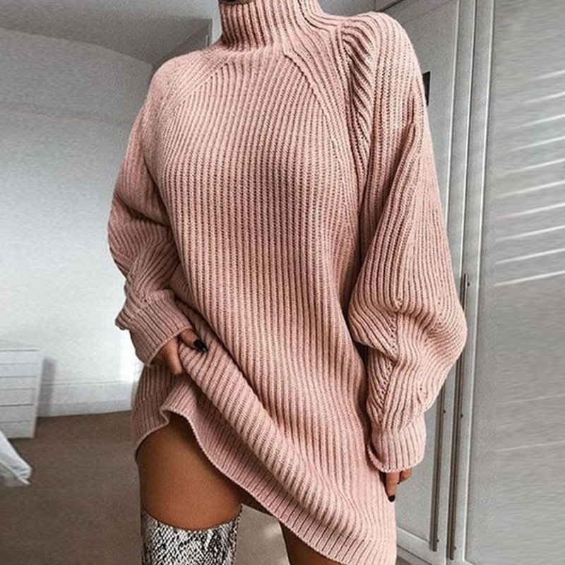 2022 autumn and winter new products wish explosive style knitted sweater mid-length raglan sleeve half turtleneck sweater dress - Image 6