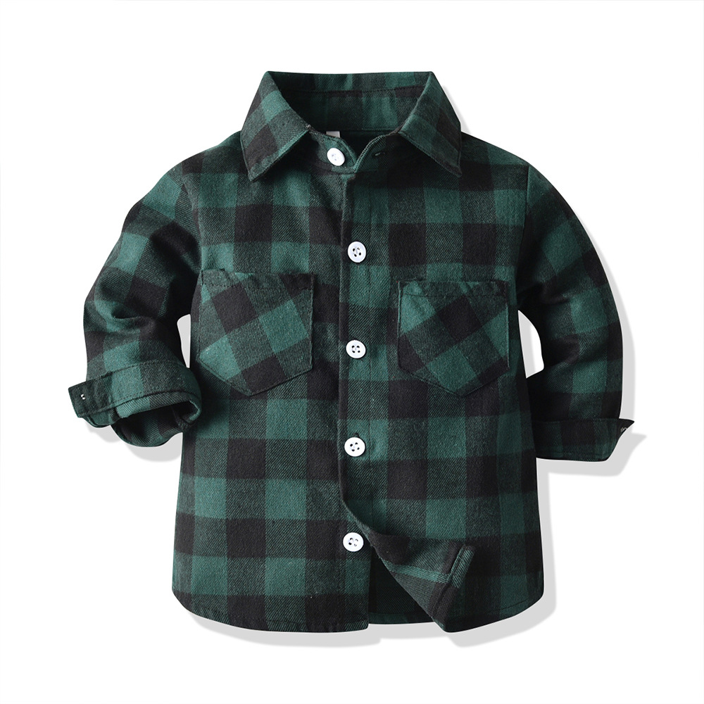Korean children's clothing 2019 autumn and winter new boys double pocket long-sleeved cardigan plaid lapel kids shirt shirt - Image 2