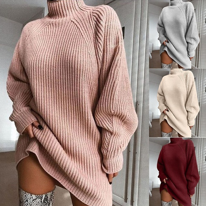 2022 autumn and winter new products wish explosive style knitted sweater mid-length raglan sleeve half turtleneck sweater dress - Image 8