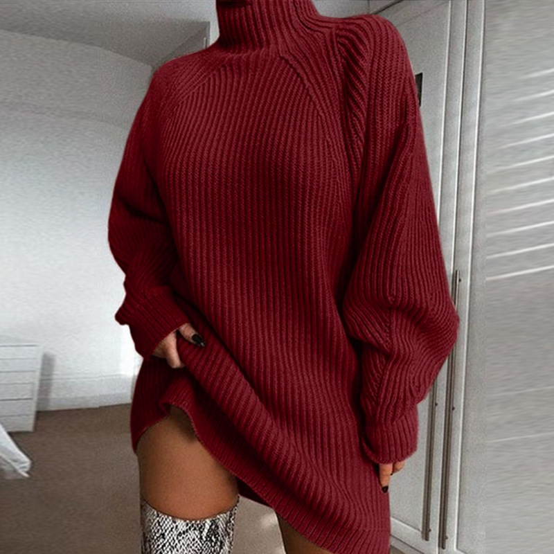 2022 autumn and winter new products wish explosive style knitted sweater mid-length raglan sleeve half turtleneck sweater dress - Image 7