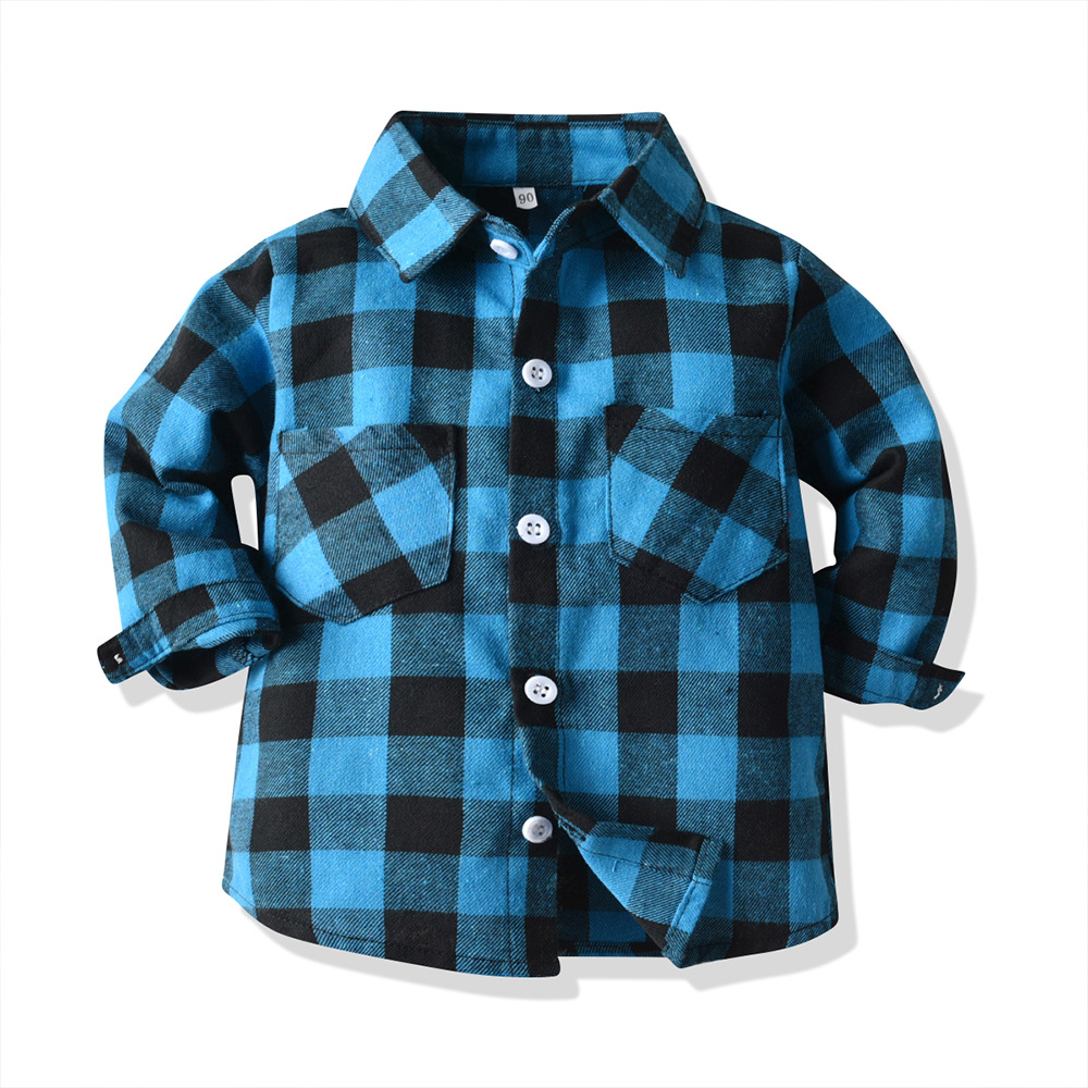 Korean children's clothing 2019 autumn and winter new boys double pocket long-sleeved cardigan plaid lapel kids shirt shirt - Image 4