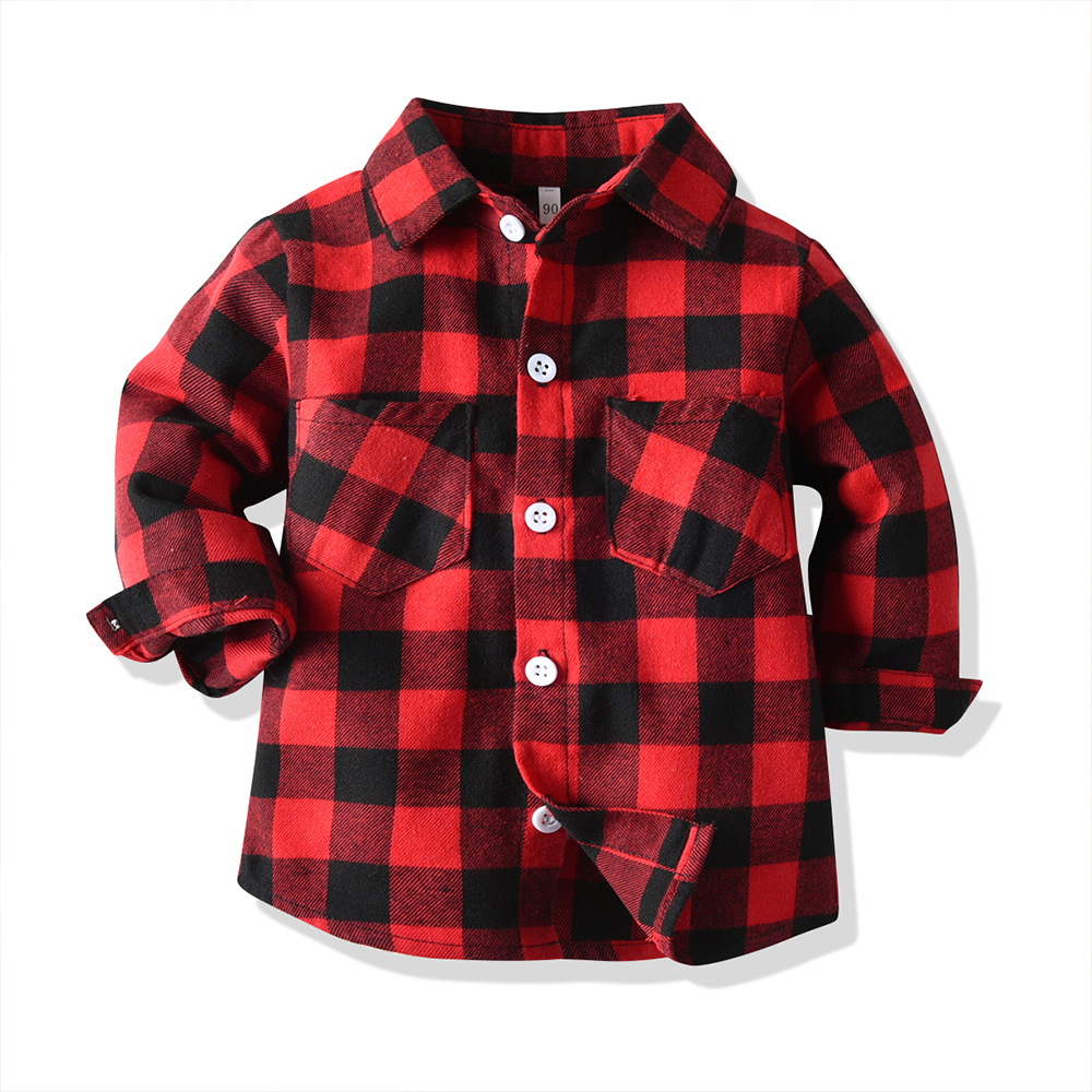 Korean children's clothing 2019 autumn and winter new boys double pocket long-sleeved cardigan plaid lapel kids shirt shirt