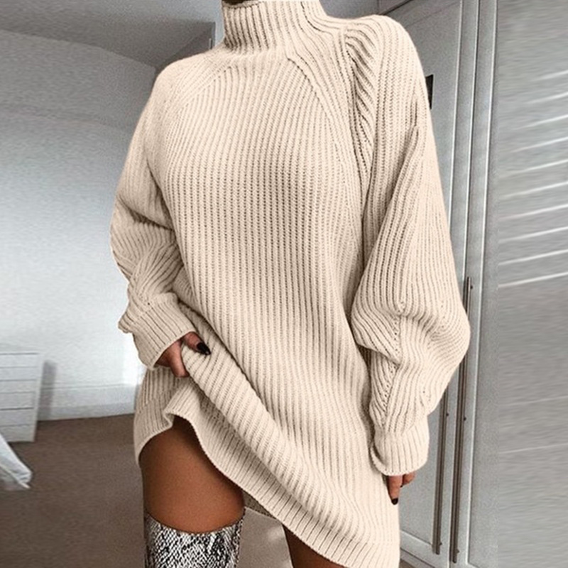 2022 autumn and winter new products wish explosive style knitted sweater mid-length raglan sleeve half turtleneck sweater dress - Image 9