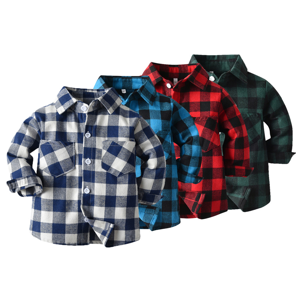 Korean children's clothing 2019 autumn and winter new boys double pocket long-sleeved cardigan plaid lapel kids shirt shirt - Image 3