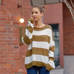 2026 Autumn/Winter New European and American Style Women's Sweater, Amazon New Style, Women's Rolled Hem Round Neck Striped Color Block Knitwear