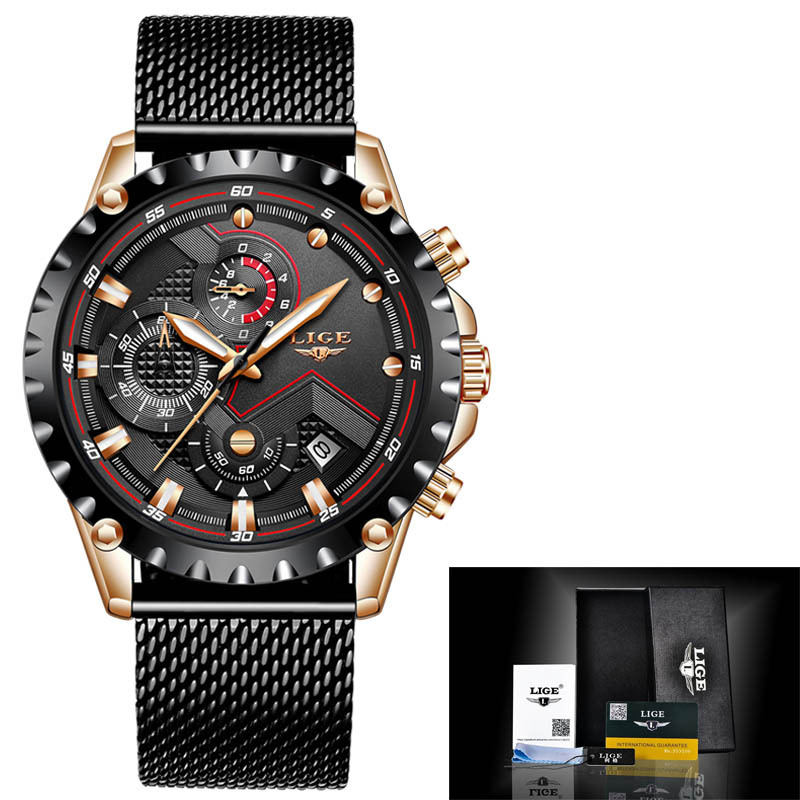 LIGE Milan mesh fashion quartz watch multi-functional six-pin chronograph calendar watch business watch 9821 - Image 4
