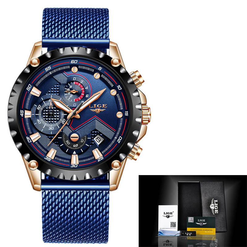 LIGE Milan mesh fashion quartz watch multi-functional six-pin chronograph calendar watch business watch 9821 - Image 9