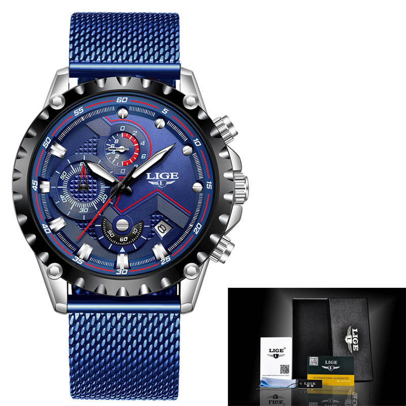 LIGE Milan mesh fashion quartz watch multi-functional six-pin chronograph calendar watch business watch 9821 - Image 7