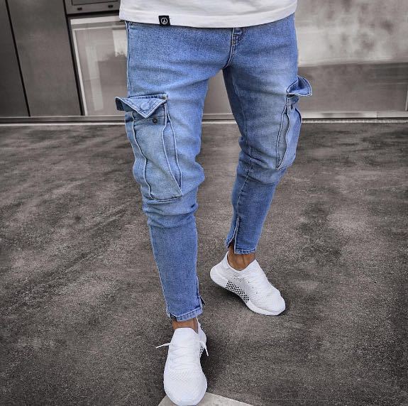 Cross-border European and American Hot Amazon Stretch Men's Jeans Trendy Knee Hole Zipper Small Feet Trousers Wholesale - Image 4