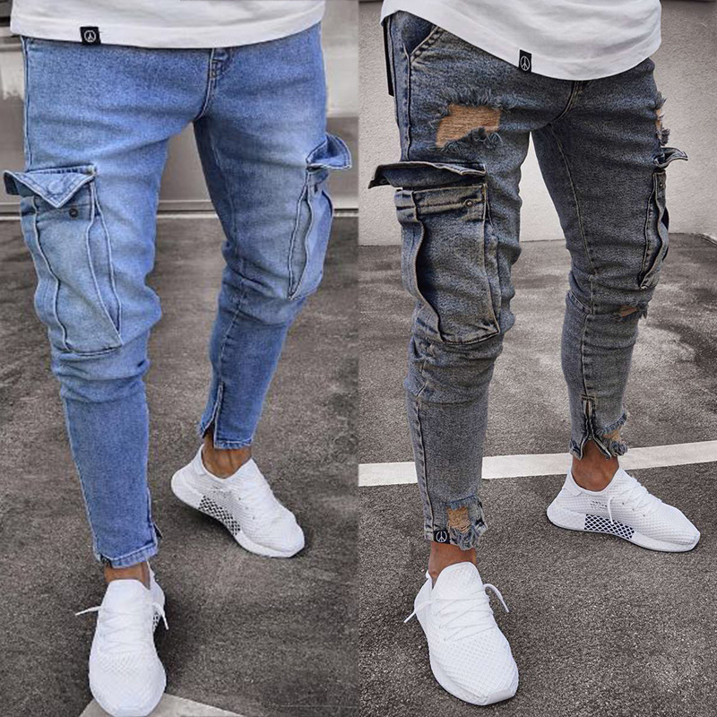 Cross-border European and American Hot Amazon Stretch Men's Jeans Trendy Knee Hole Zipper Small Feet Trousers Wholesale - Image 5