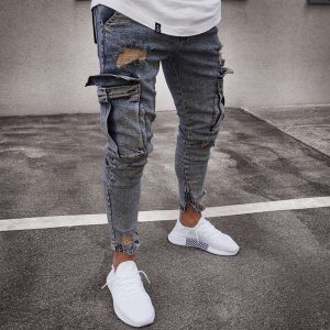 Cross-border European and American Hot Amazon Stretch Men's Jeans Trendy Knee Hole Zipper Small Feet Trousers Wholesale