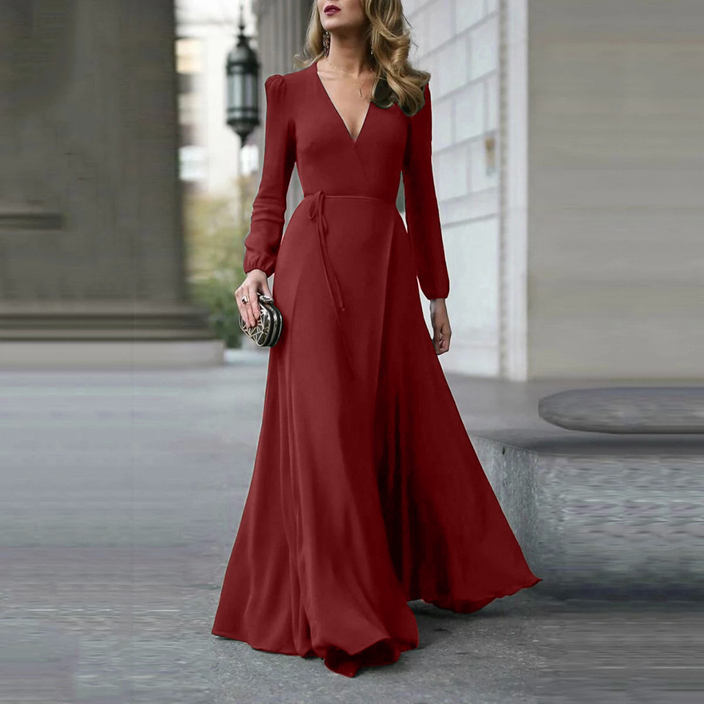 Cross-border European and American dress V-neck long-sleeved big swing tie slim temperament Amazon long skirt women's spot multi-color - Image 3