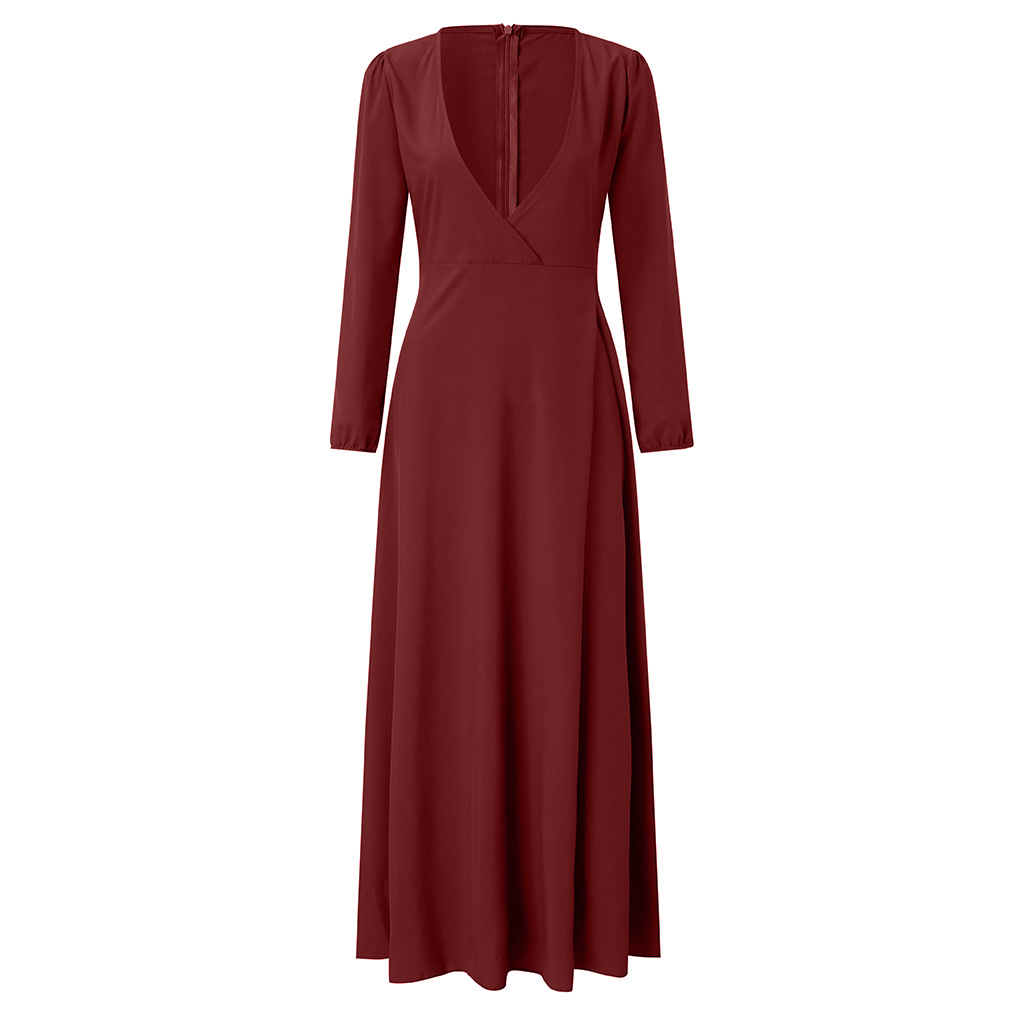 Cross-border European and American dress V-neck long-sleeved big swing tie slim temperament Amazon long skirt women's spot multi-color - Image 2