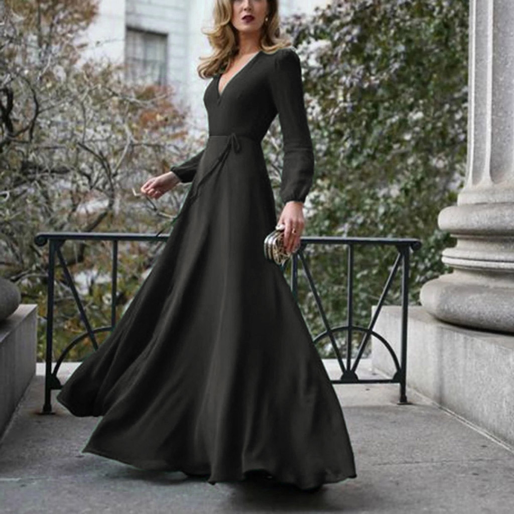 Cross-border European and American dress V-neck long-sleeved big swing tie slim temperament Amazon long skirt women's spot multi-color - Image 6