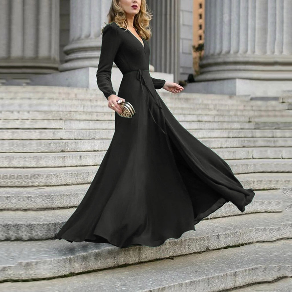 Cross-border European and American dress V-neck long-sleeved big swing tie slim temperament Amazon long skirt women's spot multi-color - Image 4