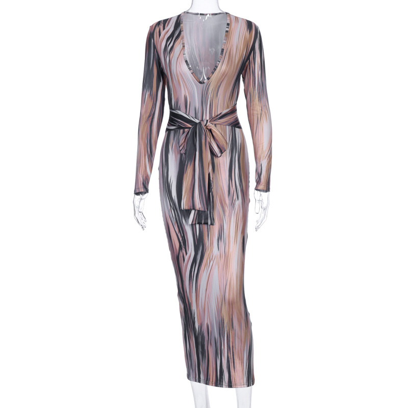 French hot-selling 2022 spring new feminine temperament personality printing long-sleeved V-neck dress cross-border wholesale - Image 8