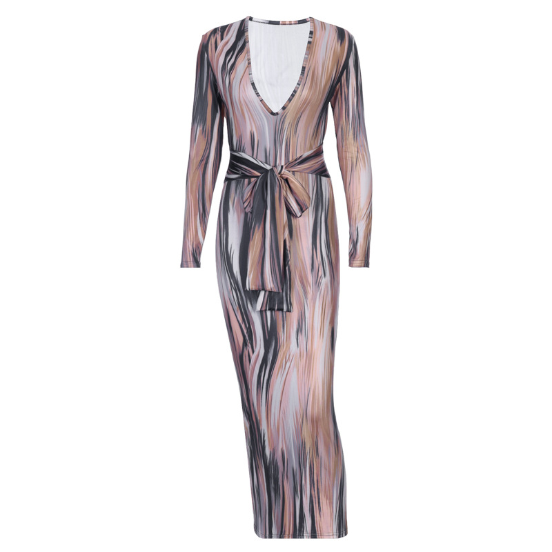 French hot-selling 2022 spring new feminine temperament personality printing long-sleeved V-neck dress cross-border wholesale