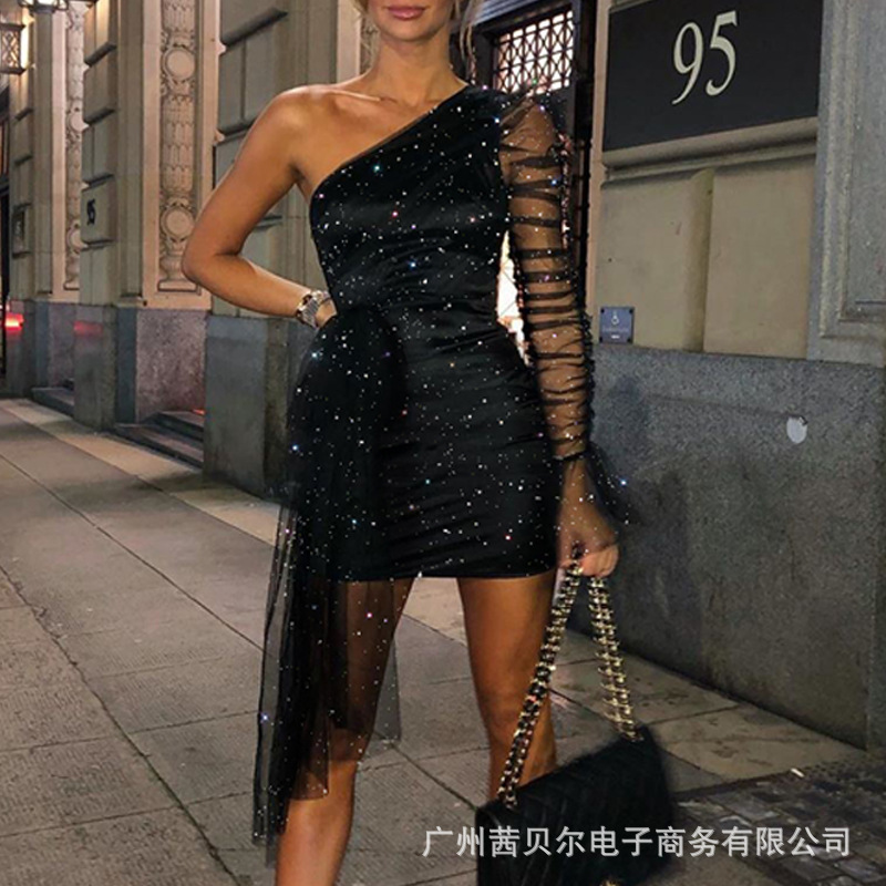 European and American women's clothing new ladies black sexy one-shoulder mesh gold-stamped pleated dress-HDZ0066 - Image 3