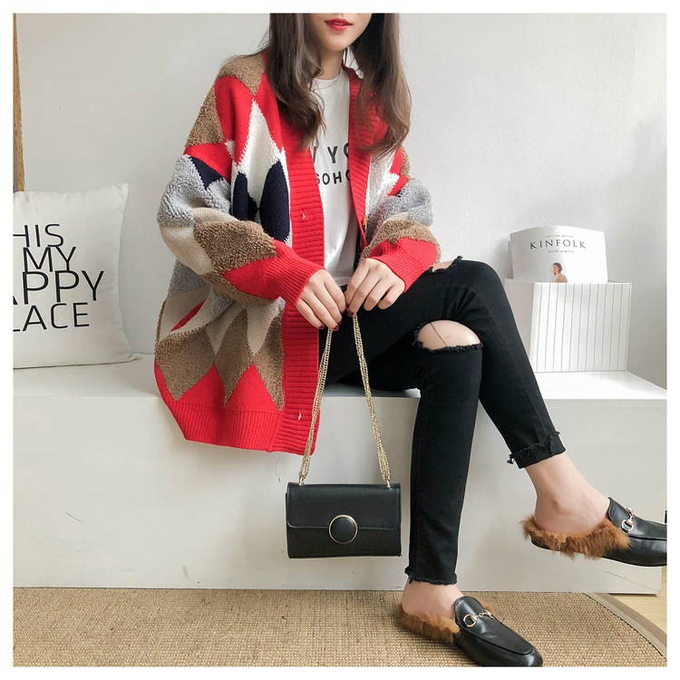 2026 Autumn/Winter New Style Cardigan Sweater for Women, Knitted, Lazy Style, V-neck, Diamond Pattern, Loose Fit, Unique Style - Image 4