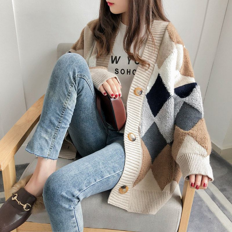 2026 Autumn/Winter New Style Cardigan Sweater for Women, Knitted, Lazy Style, V-neck, Diamond Pattern, Loose Fit, Unique Style - Image 11