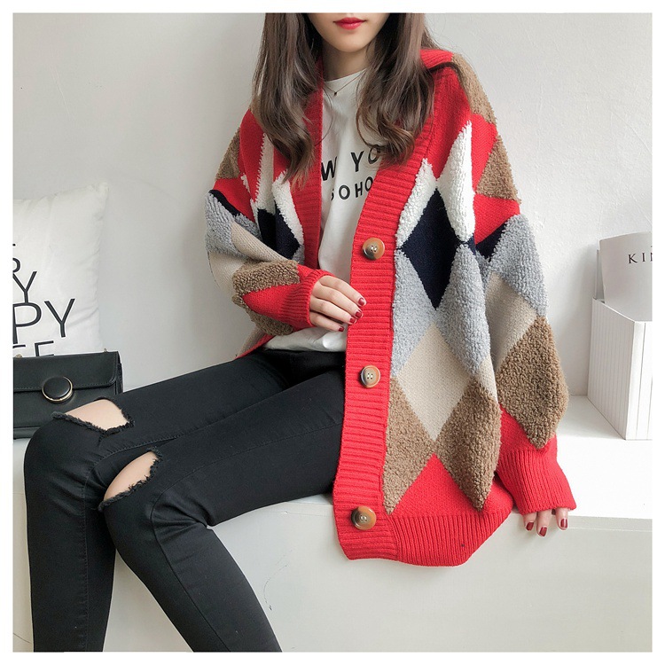 2026 Autumn/Winter New Style Cardigan Sweater for Women, Knitted, Lazy Style, V-neck, Diamond Pattern, Loose Fit, Unique Style - Image 6