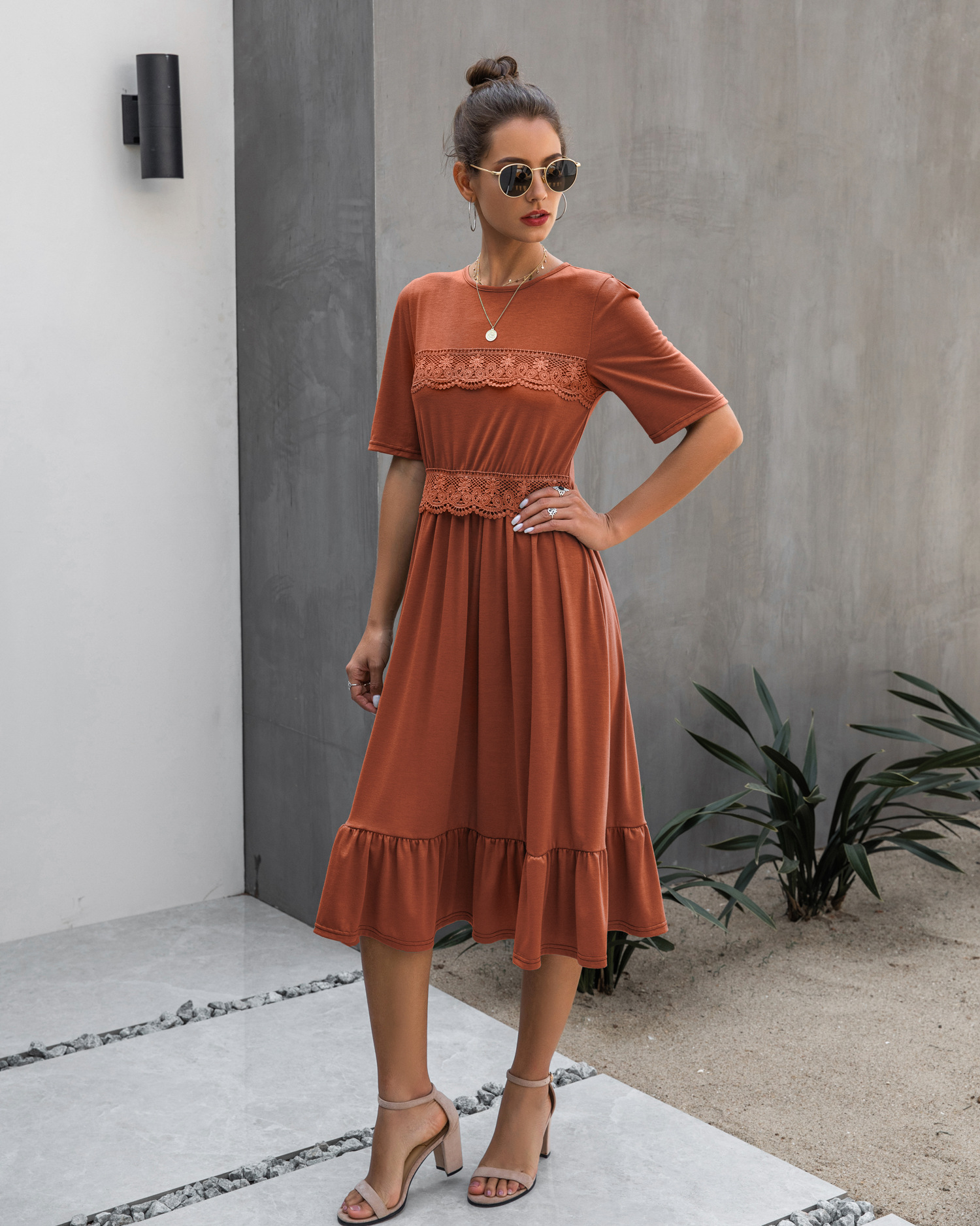 Amazon hot sale new spring and summer fashion stitching lace round neck slim female dress B202LQM020 - Image 8