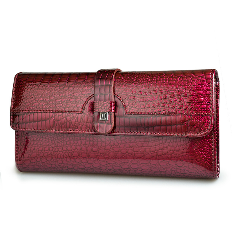 Women's genuine leather wallet snap button patent leather crocodile pattern multi-card slot wallet mobile phone bag clutch coin purse European and American - Image 5