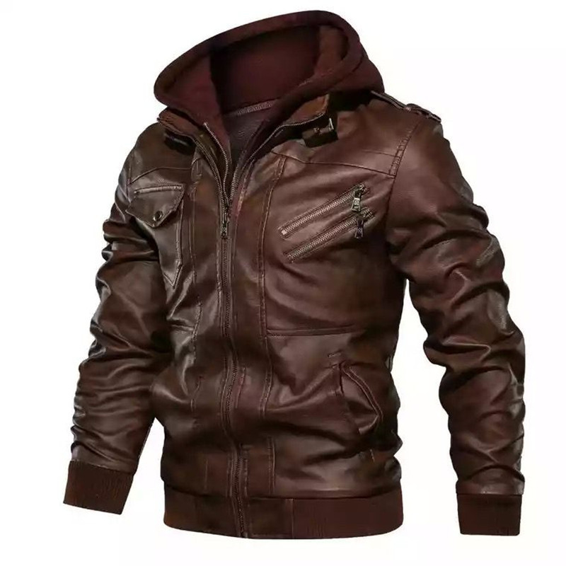 2022 spot zipper digging bag black youth lapel zipper winter straight hem hooded casual leather jacket - Image 2