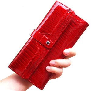 Women's genuine leather wallet snap button patent leather crocodile pattern multi-card slot wallet mobile phone bag clutch coin purse European and American
