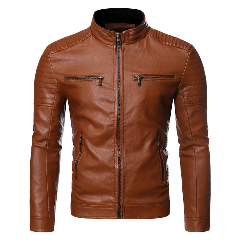 AliExpress Amazon Spring and Autumn Thin Section Men's Stand Collar Striped Double Zipper Pu Leather Jacket Large Size Motorcycle Leather Jacket
