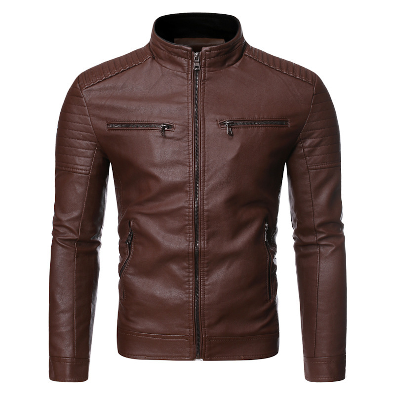 AliExpress Amazon Spring and Autumn Thin Section Men's Stand Collar Striped Double Zipper Pu Leather Jacket Large Size Motorcycle Leather Jacket - Image 2
