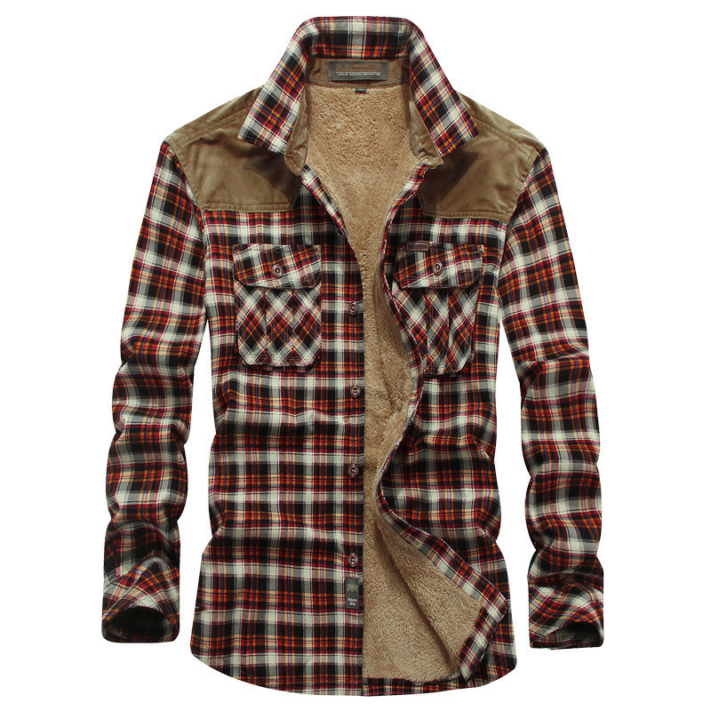 Cross-border winter new men's fleece long-sleeved plaid shirt warm business casual fashion cotton shirt European size - Image 3