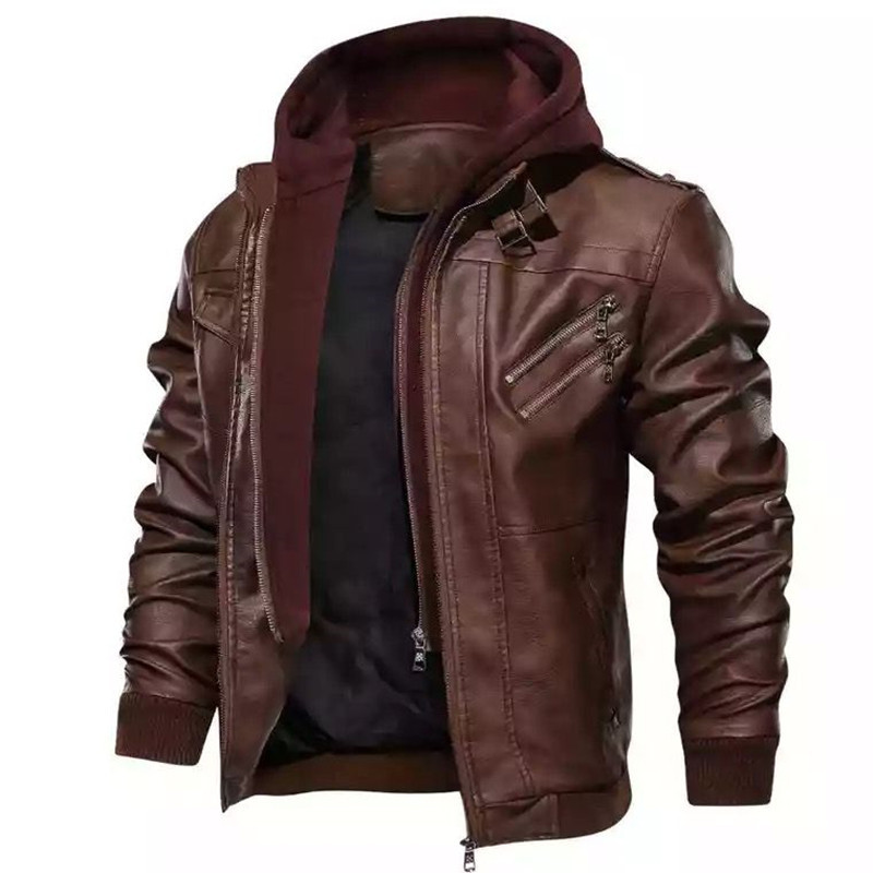 2022 spot zipper digging bag black youth lapel zipper winter straight hem hooded casual leather jacket - Image 3