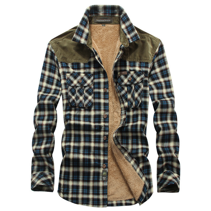 Cross-border winter new men's fleece long-sleeved plaid shirt warm business casual fashion cotton shirt European size - Image 2